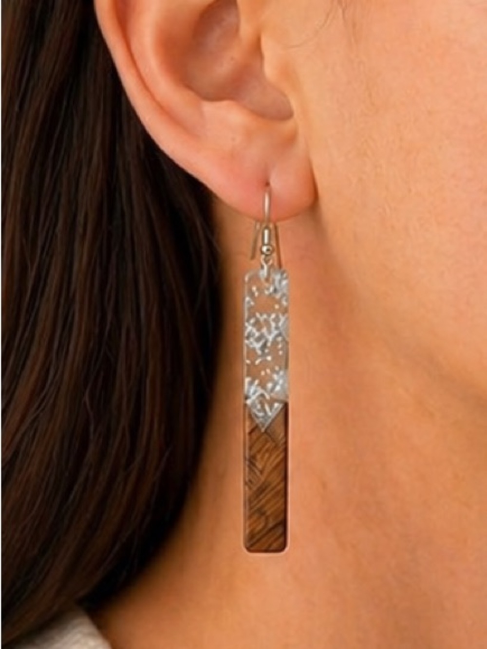 Handmade Natural Wood Resin Drop Earrings 925 Sterling Silver Minimalist Dangle